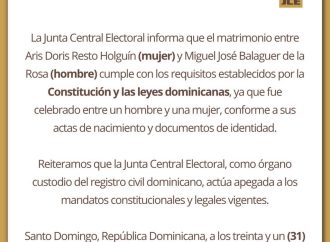JCE se pronuncia sobre matrimonio trans entre Aris Doris Resto Holguín y Miguel José Balaguer