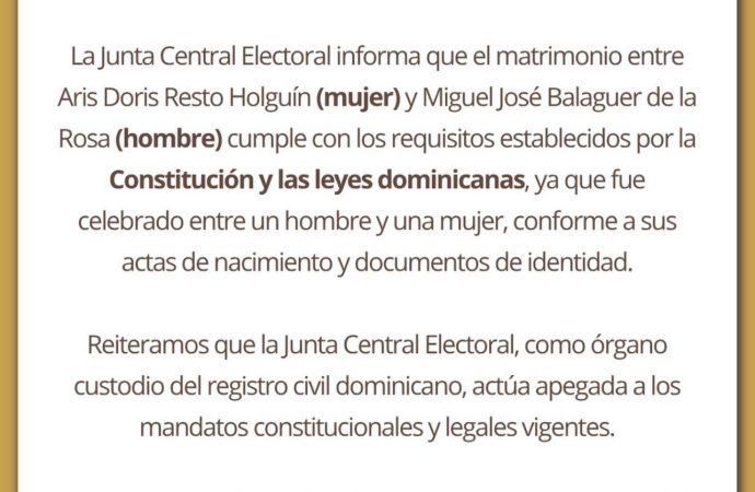JCE se pronuncia sobre matrimonio trans entre Aris Doris Resto Holguín y Miguel José Balaguer